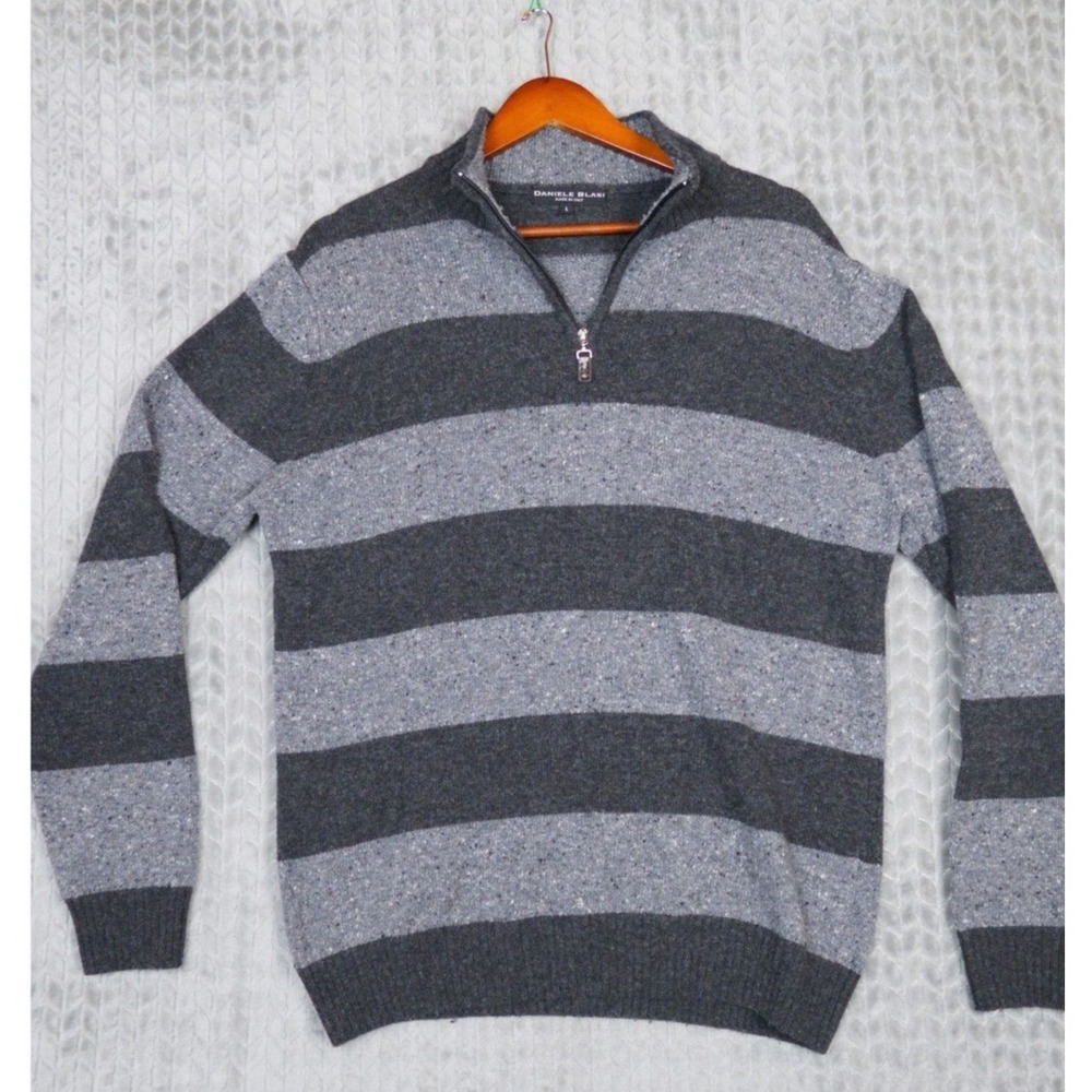 Daniele Blasi Quarter Zip Sweater Men L Grey Striped Made In Italy Pullover Knit